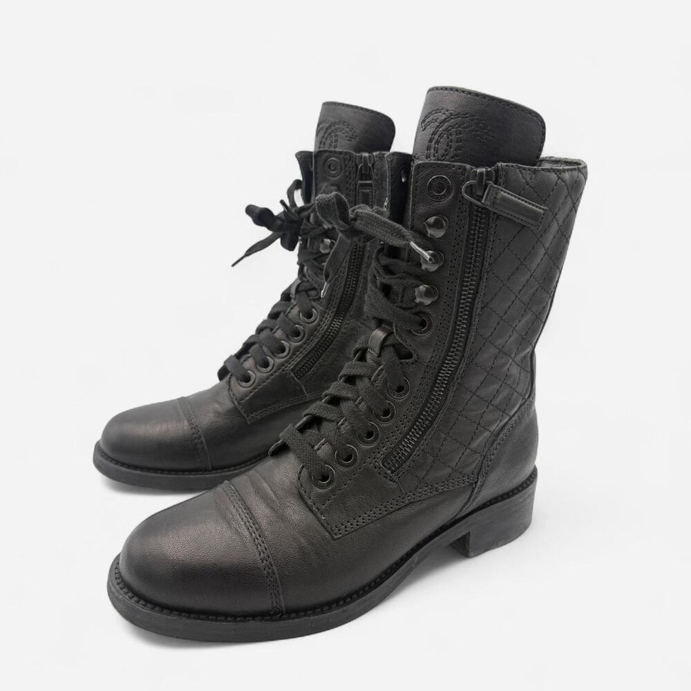 Chanel Quilted Leather CC Combat Boots in Black Lambskin
